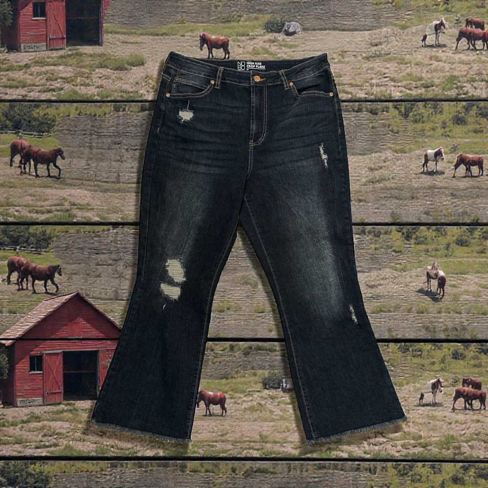 No Boundaries Cowgirl CROP Flare Jeans High Rise Juniors 15 Distress Raw Hem